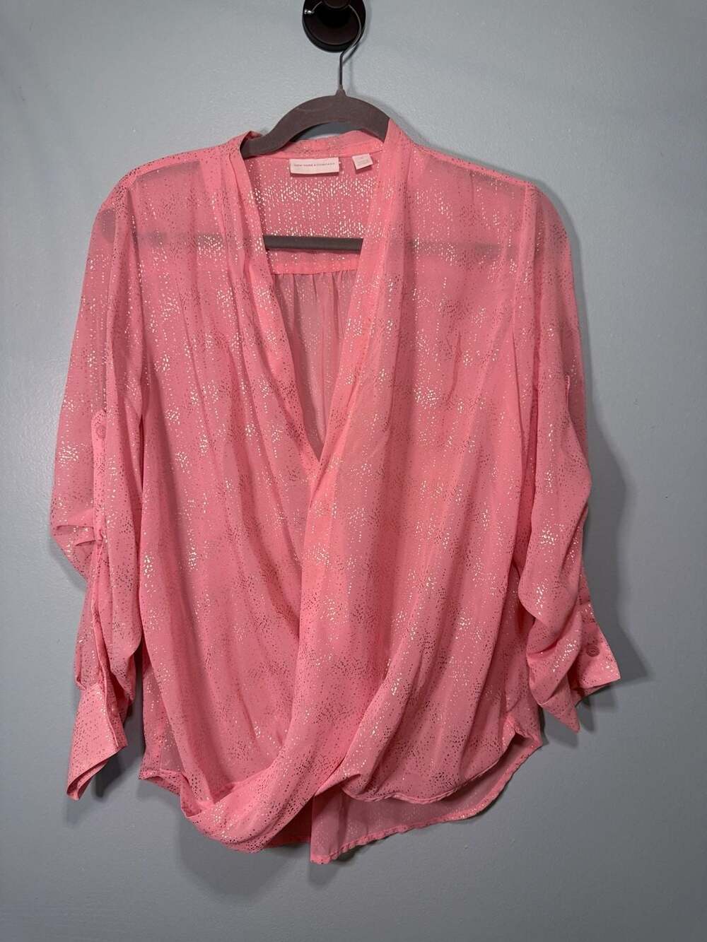 New York & Company Blouse Size M Pink Metallic Foil Wrap Front